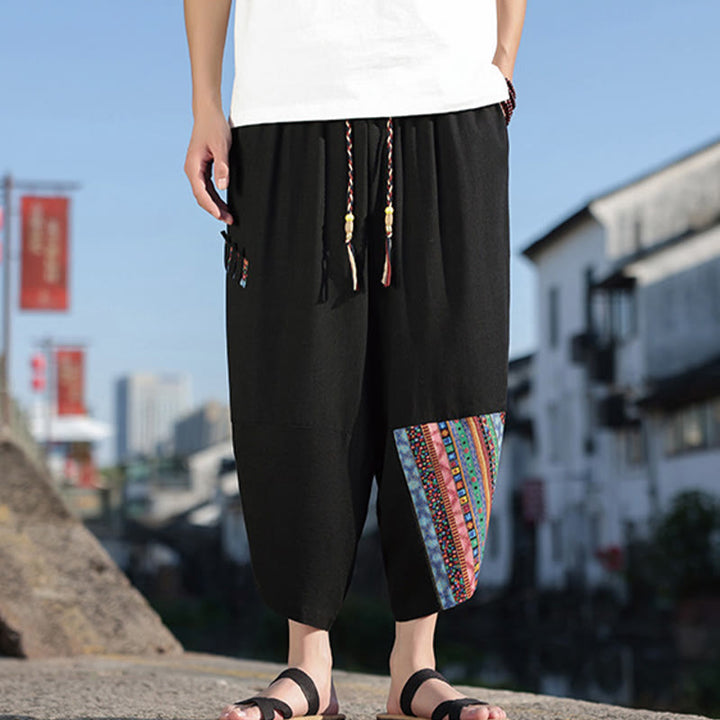 Buddha Stones Bohemian Patchwork Muster Baumwolle Kordelzug Herrenhose mit weitem Bein und Taschen