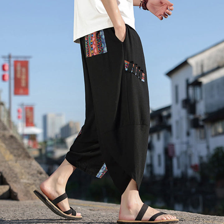 Buddha Stones Bohemian Patchwork Muster Baumwolle Kordelzug Herrenhose mit weitem Bein und Taschen - Schwarz - US/UK/AU46, EU56 (5XL) - image 0