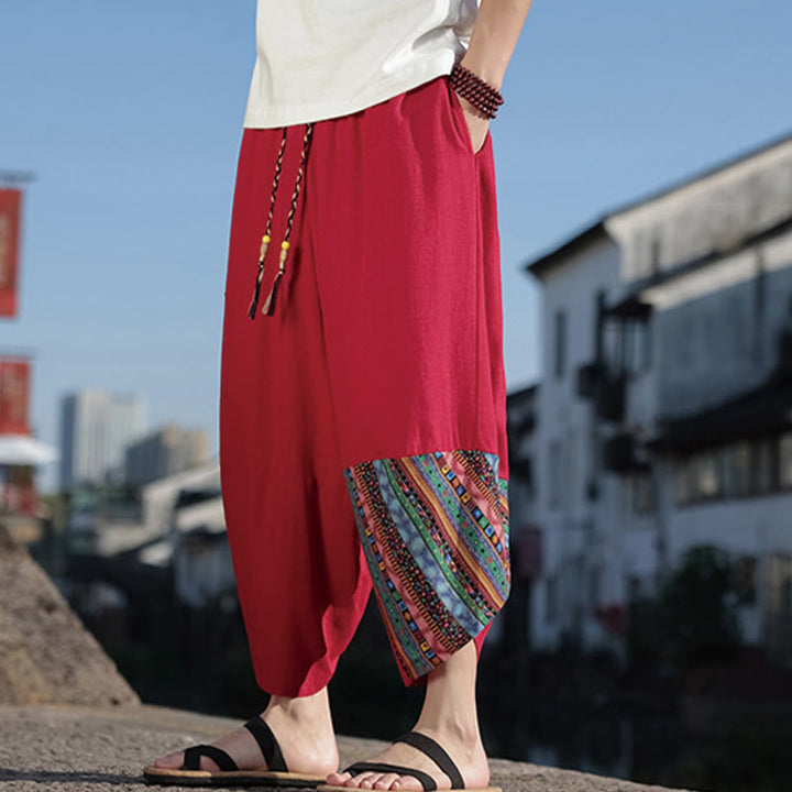 Buddha Stones Bohemian Patchwork Muster Baumwolle Kordelzug Herrenhose mit weitem Bein und Taschen