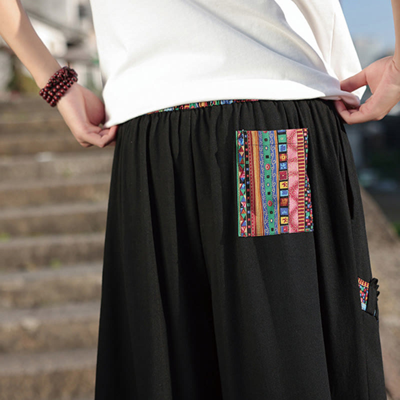 Buddha Stones Bohemian Patchwork Muster Baumwolle Kordelzug Herrenhose mit weitem Bein und Taschen