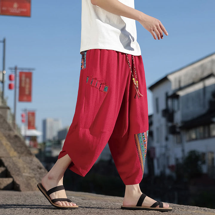 Buddha Stones Bohemian Patchwork Muster Baumwolle Kordelzug Herrenhose mit weitem Bein und Taschen