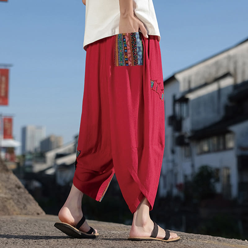 Buddha Stones Bohemian Patchwork Muster Baumwolle Kordelzug Herrenhose mit weitem Bein und Taschen