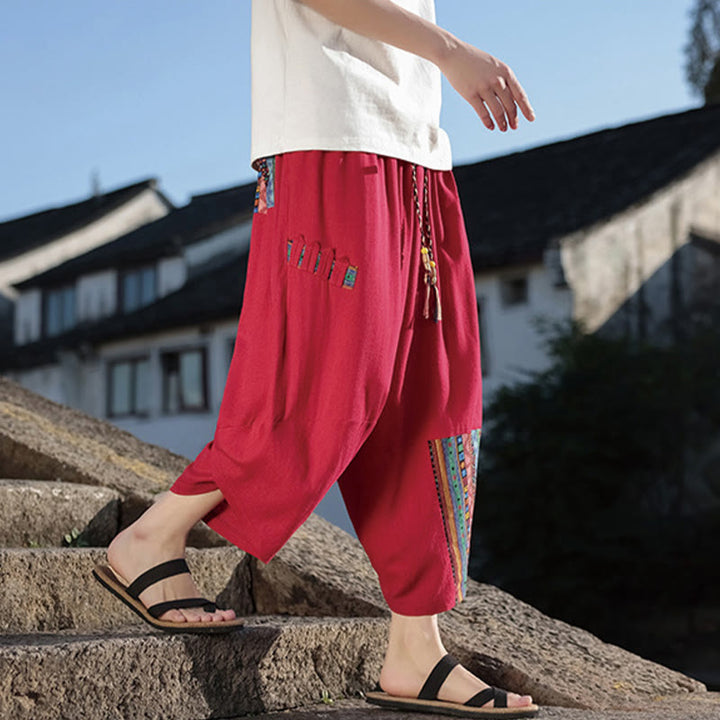 Buddha Stones Bohemian Patchwork Muster Baumwolle Kordelzug Herrenhose mit weitem Bein und Taschen