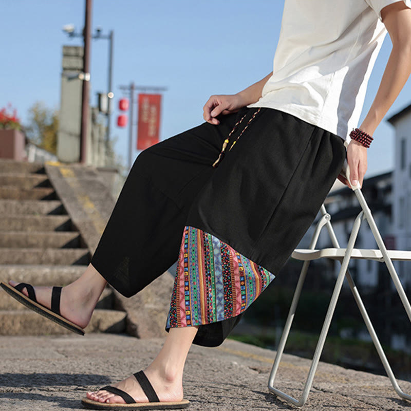 Buddha Stones Bohemian Patchwork Muster Baumwolle Kordelzug Herrenhose mit weitem Bein und Taschen