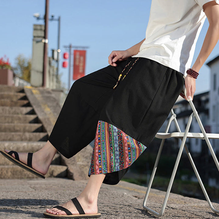 Buddha Stones Bohemian Patchwork Muster Baumwolle Kordelzug Herrenhose mit weitem Bein und Taschen