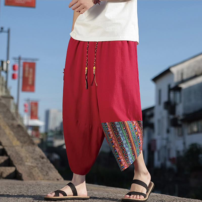 Buddha Stones Bohemian Patchwork Muster Baumwolle Kordelzug Herrenhose mit weitem Bein und Taschen