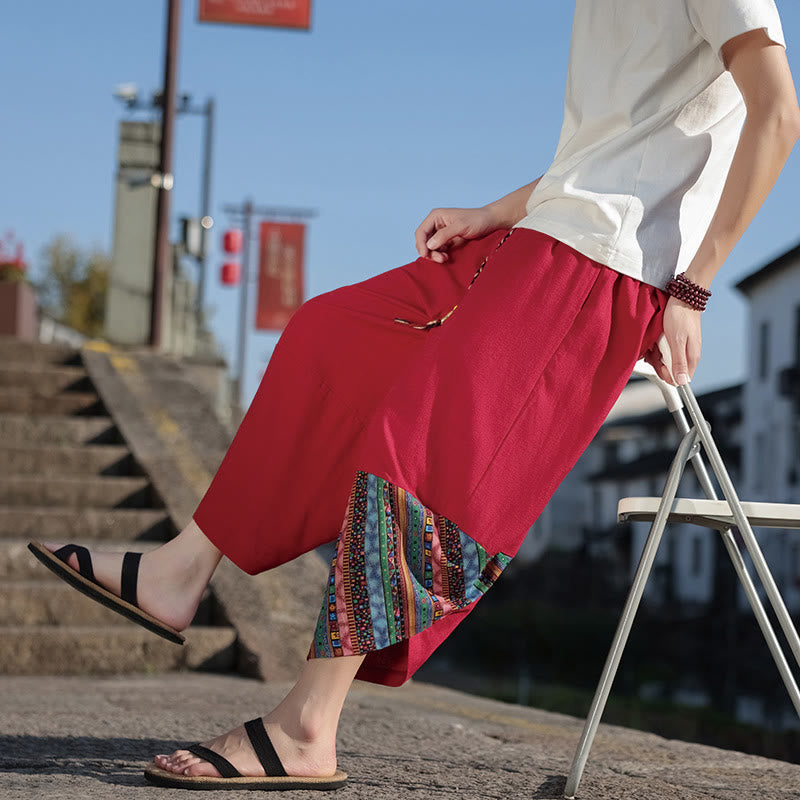 Buddha Stones Bohemian Patchwork Muster Baumwolle Kordelzug Herrenhose mit weitem Bein und Taschen