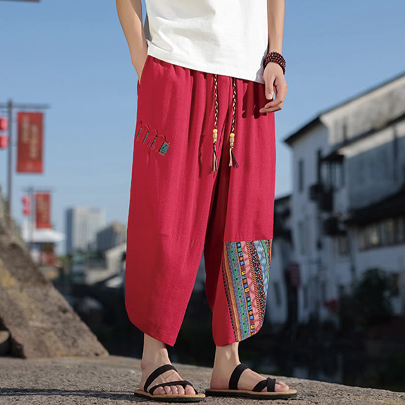 Buddha Stones Bohemian Patchwork Muster Baumwolle Kordelzug Herrenhose mit weitem Bein und Taschen - image 17