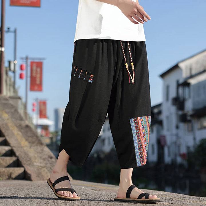 Buddha Stones Bohemian Patchwork Muster Baumwolle Kordelzug Herrenhose mit weitem Bein und Taschen