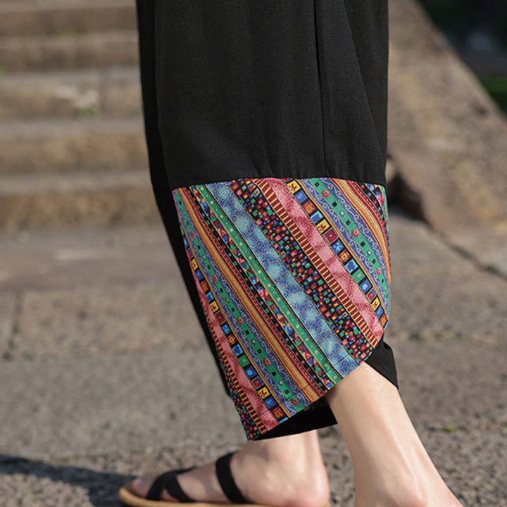 Buddha Stones Bohemian Patchwork Muster Baumwolle Kordelzug Herrenhose mit weitem Bein und Taschen