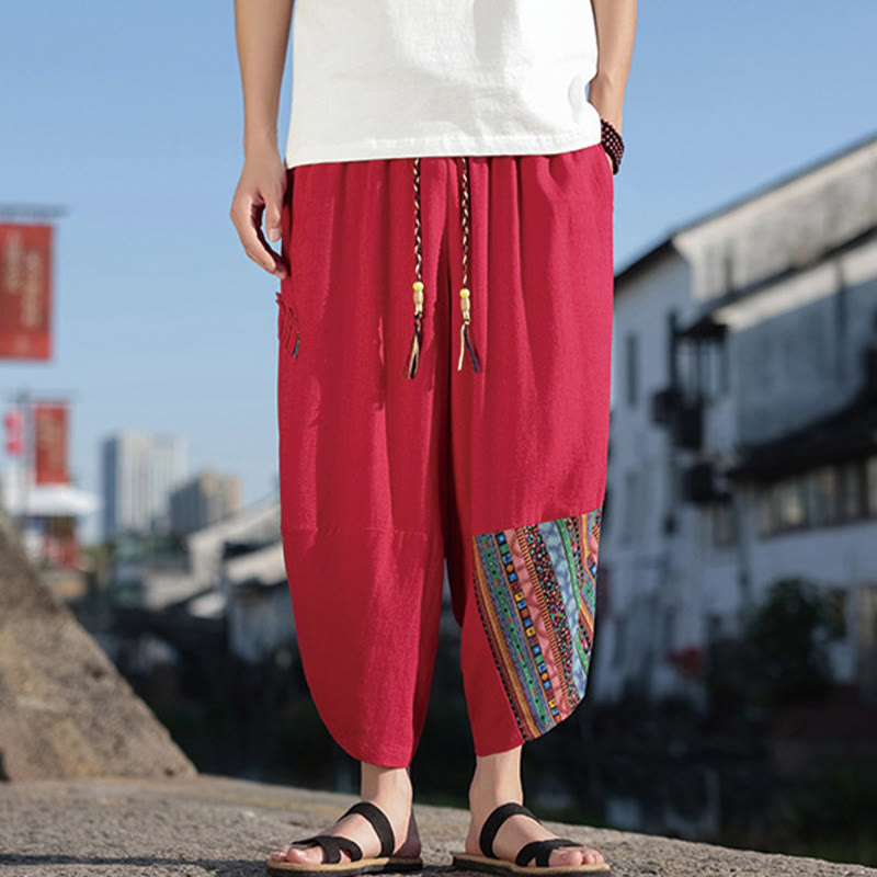 Buddha Stones Bohemian Patchwork Muster Baumwolle Kordelzug Herrenhose mit weitem Bein und Taschen
