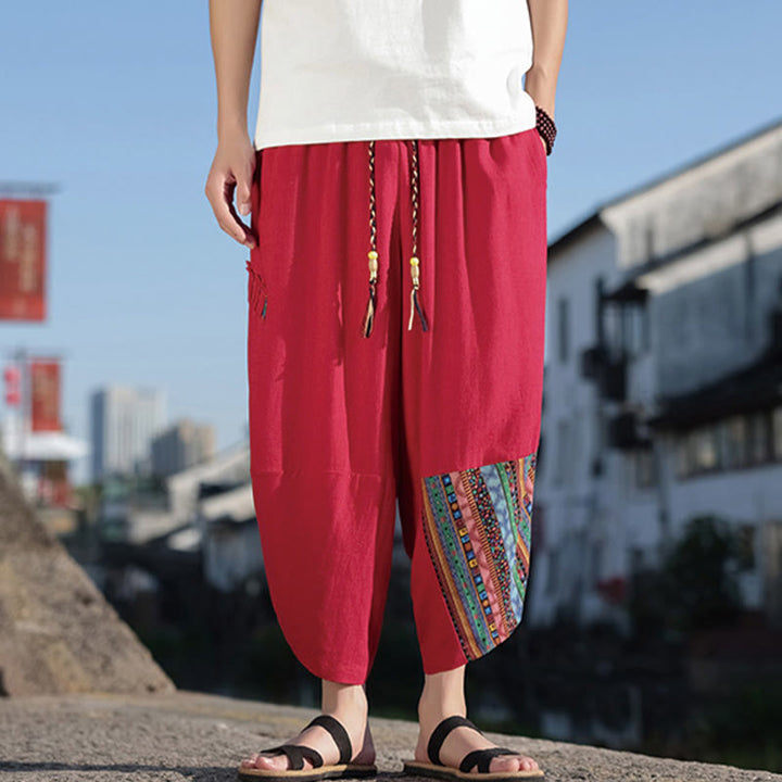 Buddha Stones Bohemian Patchwork Muster Baumwolle Kordelzug Herrenhose mit weitem Bein und Taschen