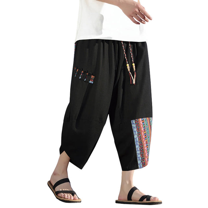Buddha Stones Bohemian Patchwork Muster Baumwolle Kordelzug Herrenhose mit weitem Bein und Taschen