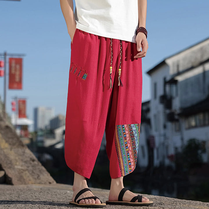 Buddha Stones Bohemian Patchwork Muster Baumwolle Kordelzug Herrenhose mit weitem Bein und Taschen