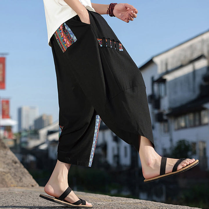 Buddha Stones Bohemian Patchwork Muster Baumwolle Kordelzug Herrenhose mit weitem Bein und Taschen