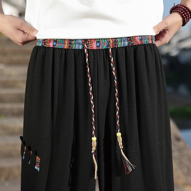 Buddha Stones Bohemian Patchwork Muster Baumwolle Kordelzug Herrenhose mit weitem Bein und Taschen