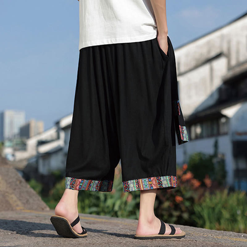 Buddha Stones Sommer Ethno 7-8 Länge verkürzte Herrenhose aus Baumwolle mit weitem Bein und Taschen