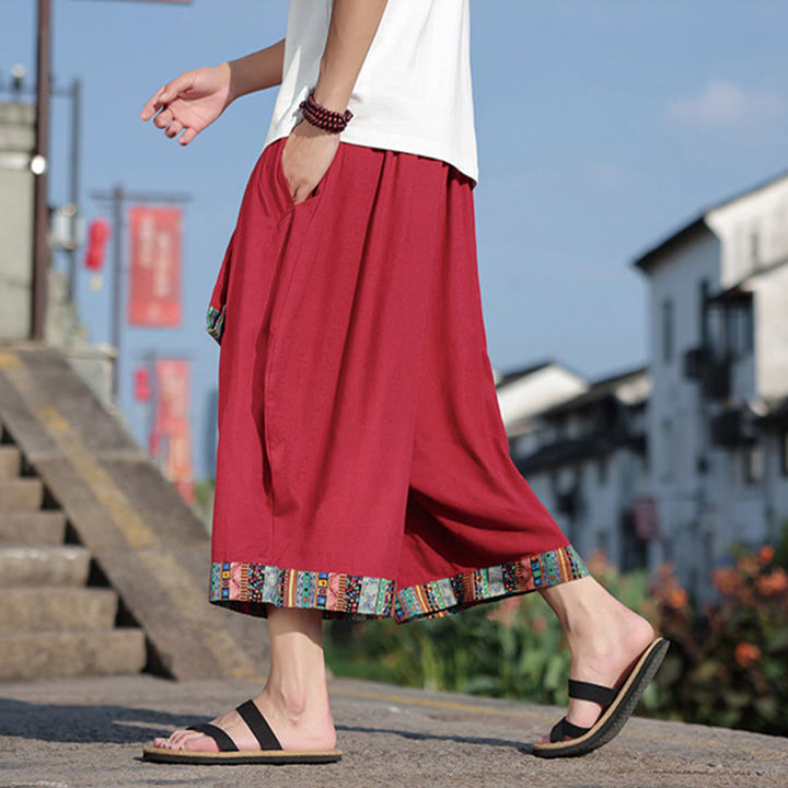 Buddha Stones Sommer Ethno 7-8 Länge verkürzte Herrenhose aus Baumwolle mit weitem Bein und Taschen