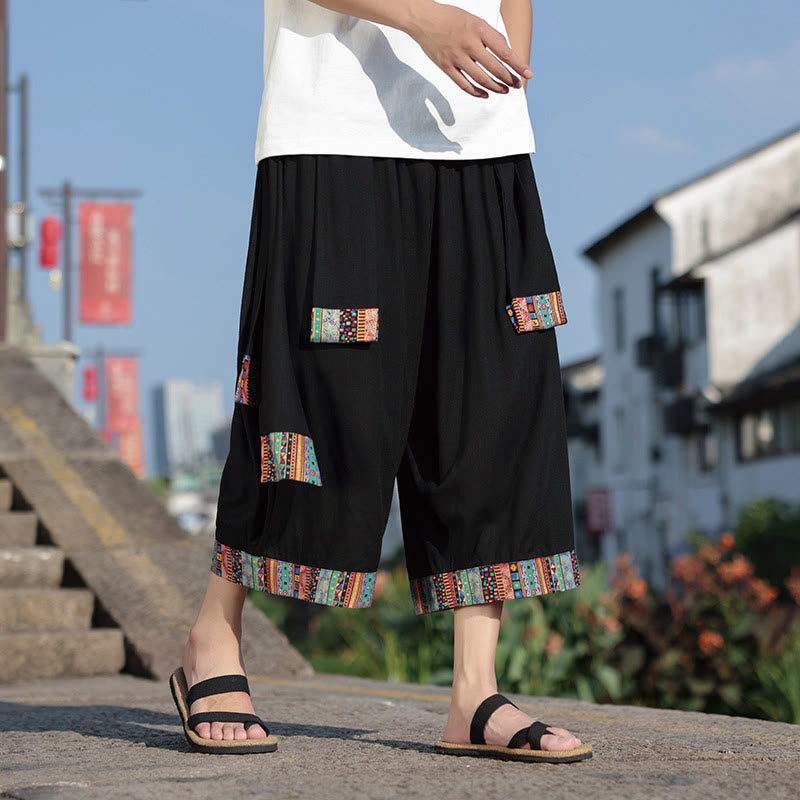 Buddha Stones Sommer Ethno 7-8 Länge verkürzte Herrenhose aus Baumwolle mit weitem Bein und Taschen