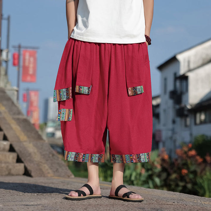 Buddha Stones Sommer Ethno 7-8 Länge verkürzte Herrenhose aus Baumwolle mit weitem Bein und Taschen