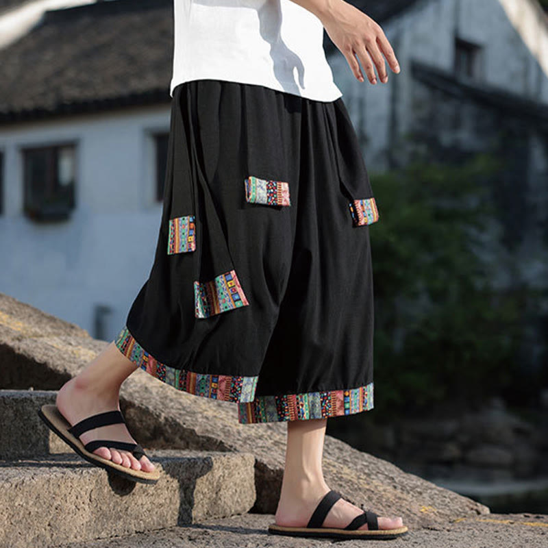 Buddha Stones Sommer Ethno 7-8 Länge verkürzte Herrenhose aus Baumwolle mit weitem Bein und Taschen