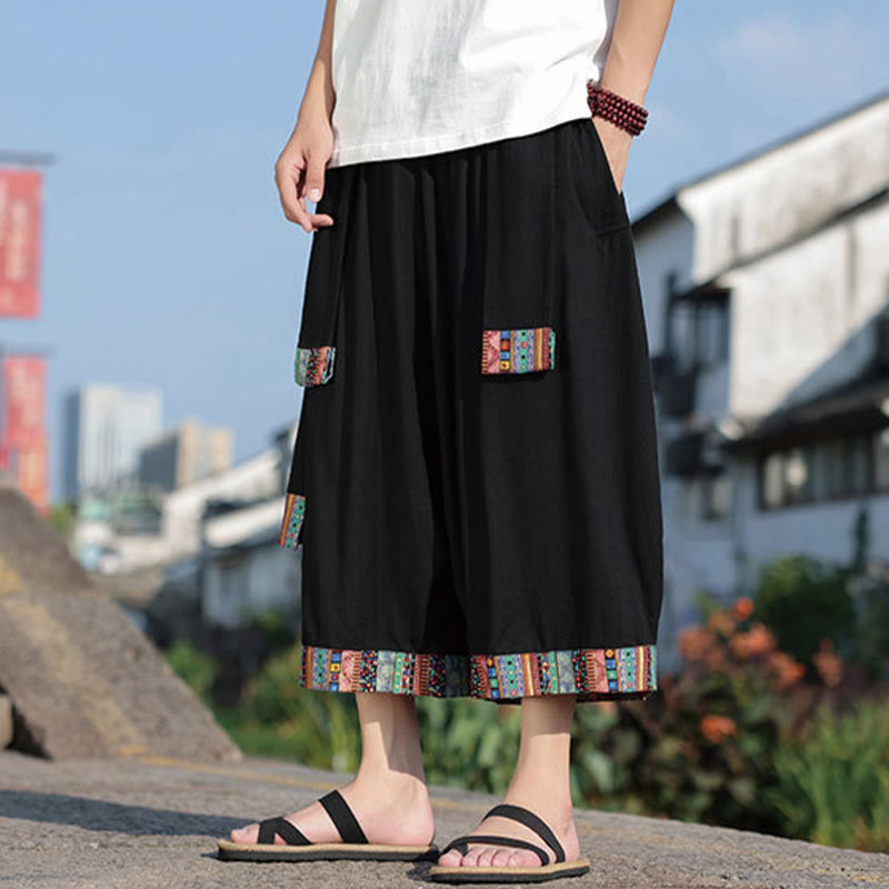 Buddha Stones Sommer Ethno 7-8 Länge verkürzte Herrenhose aus Baumwolle mit weitem Bein und Taschen