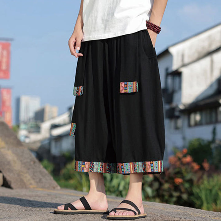 Buddha Stones Sommer Ethno 7-8 Länge verkürzte Herrenhose aus Baumwolle mit weitem Bein und Taschen
