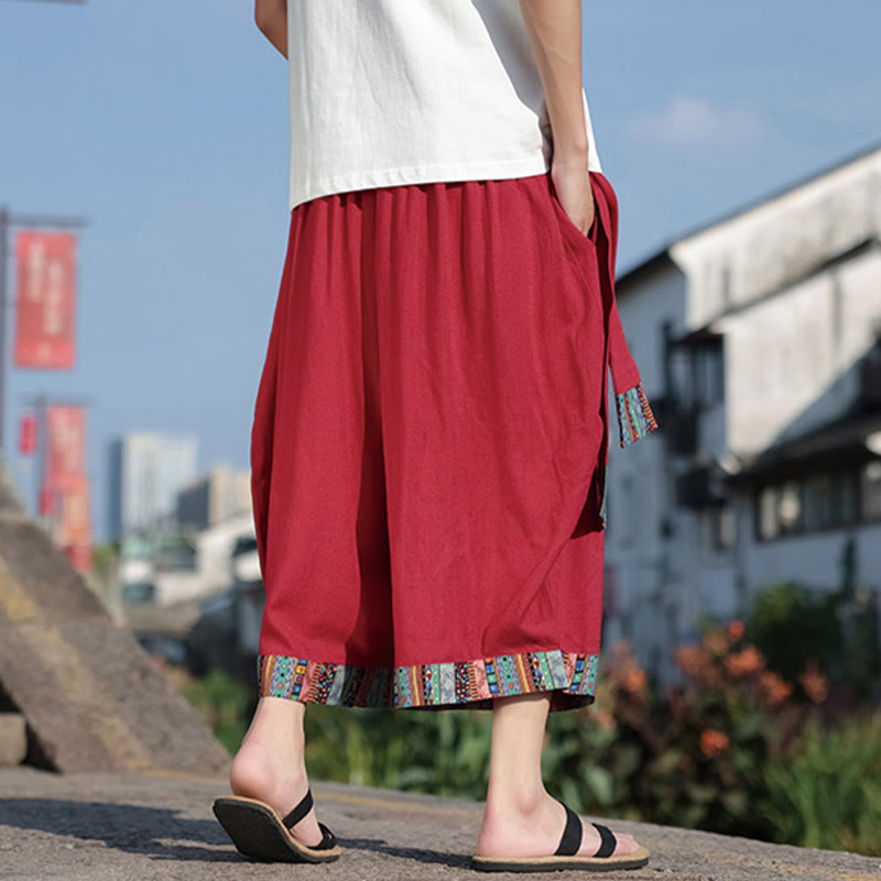 Buddha Stones Sommer Ethno 7-8 Länge verkürzte Herrenhose aus Baumwolle mit weitem Bein und Taschen
