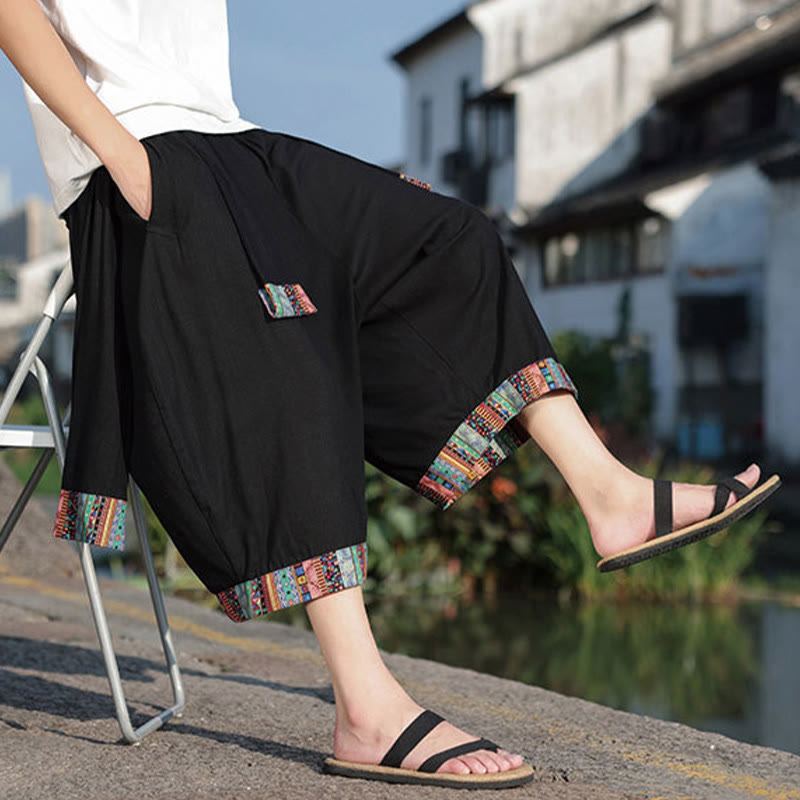 Buddha Stones Sommer Ethno 7-8 Länge verkürzte Herrenhose aus Baumwolle mit weitem Bein und Taschen