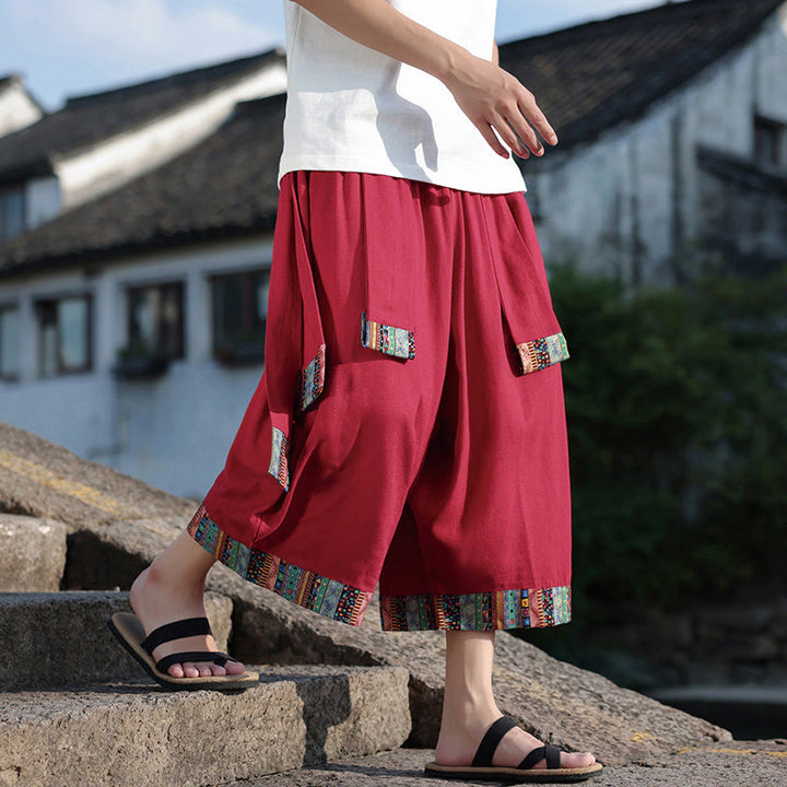 Buddha Stones Sommer Ethno 7-8 Länge verkürzte Herrenhose aus Baumwolle mit weitem Bein und Taschen