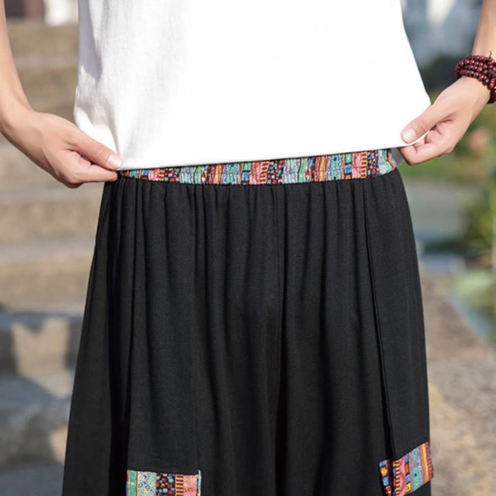 Buddha Stones Sommer Ethno 7-8 Länge verkürzte Herrenhose aus Baumwolle mit weitem Bein und Taschen