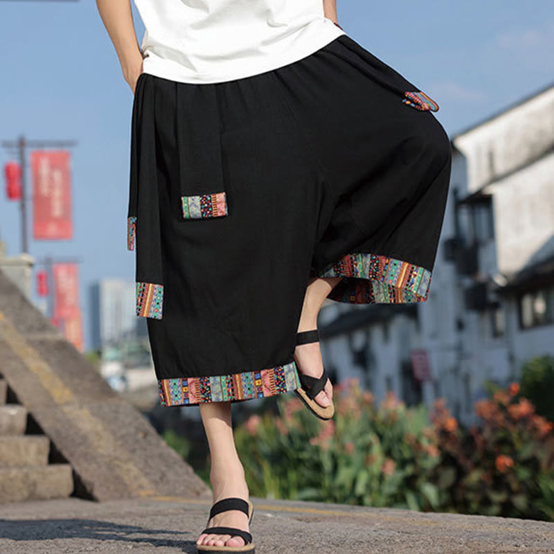 Buddha Stones Sommer Ethno 7-8 Länge verkürzte Herrenhose aus Baumwolle mit weitem Bein und Taschen