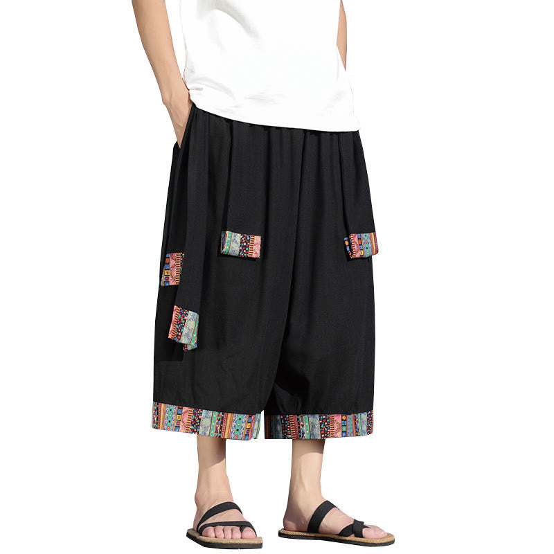 Buddha Stones Sommer Ethno 7-8 Länge verkürzte Herrenhose aus Baumwolle mit weitem Bein und Taschen