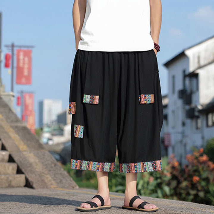 Buddha Stones Sommer Ethno 7-8 Länge verkürzte Herrenhose aus Baumwolle mit weitem Bein und Taschen