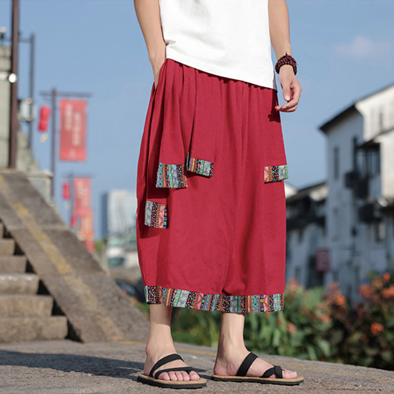Buddha Stones Sommer Ethno 7-8 Länge verkürzte Herrenhose aus Baumwolle mit weitem Bein und Taschen