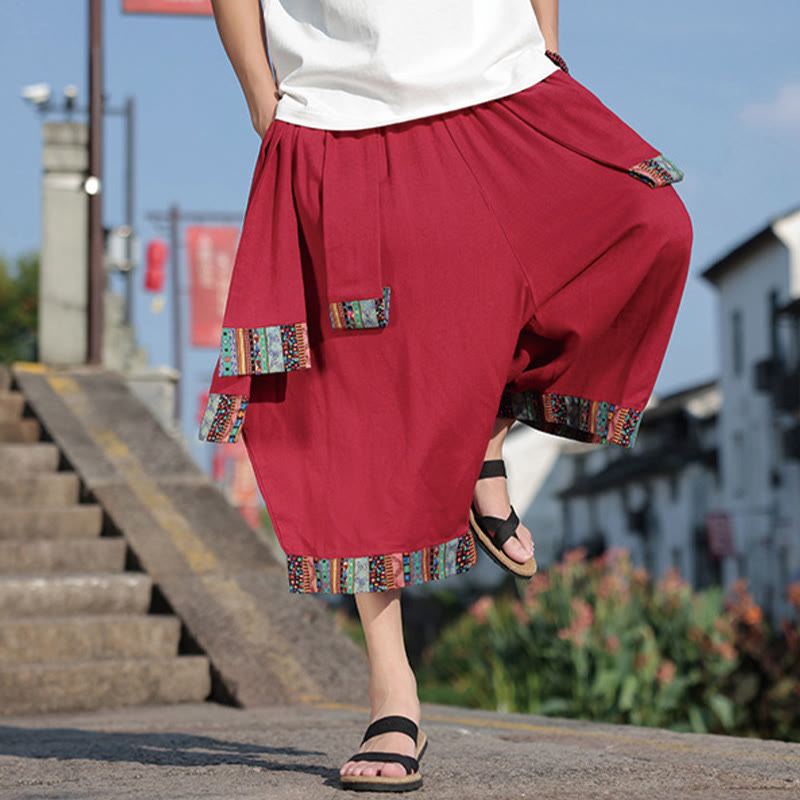 Buddha Stones Sommer Ethno 7-8 Länge verkürzte Herrenhose aus Baumwolle mit weitem Bein und Taschen