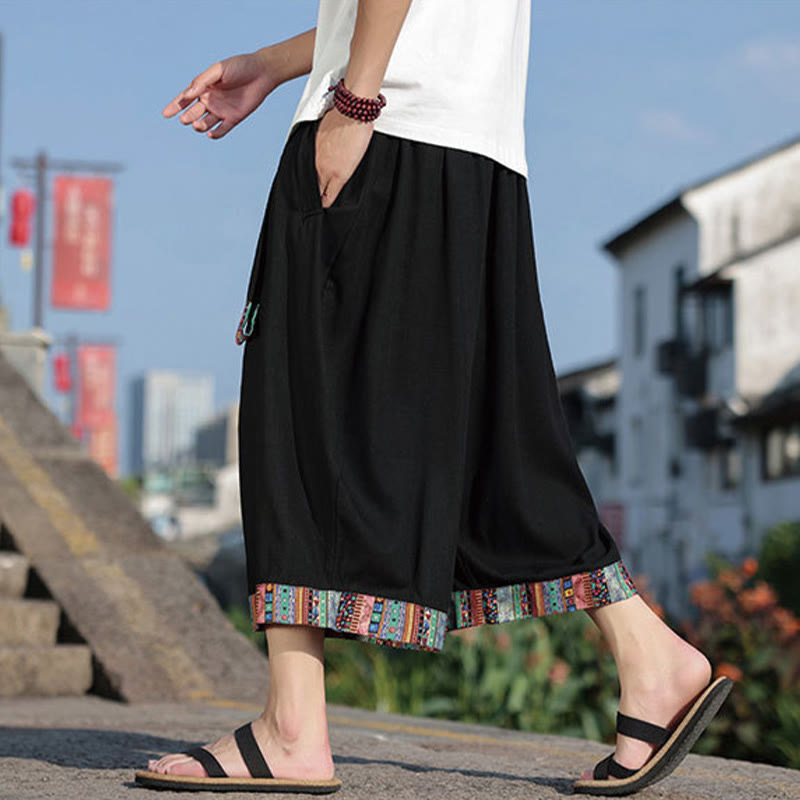 Buddha Stones Sommer Ethno 7-8 Länge verkürzte Herrenhose aus Baumwolle mit weitem Bein und Taschen