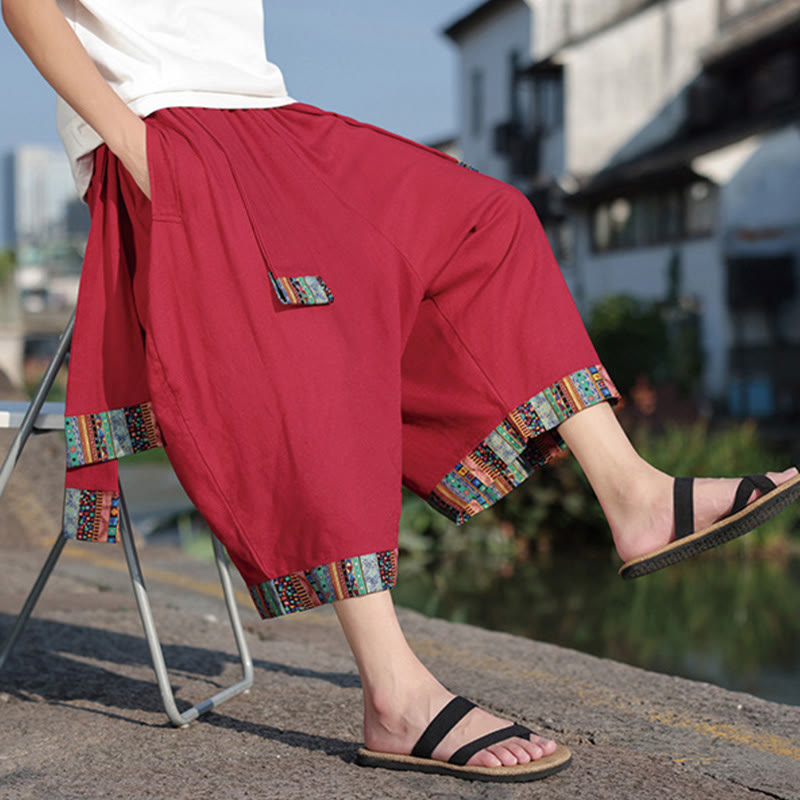 Buddha Stones Sommer Ethno 7-8 Länge verkürzte Herrenhose aus Baumwolle mit weitem Bein und Taschen