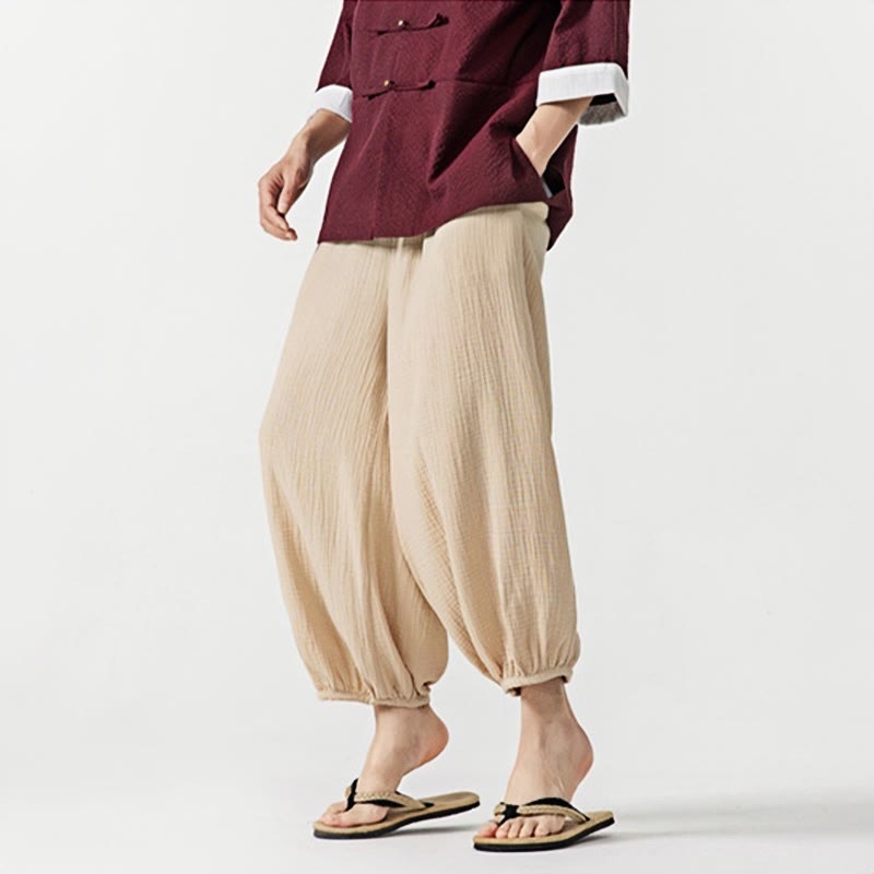 Weiche, einfarbige Herrenhose aus Baumwolle mit Kordelzug und Taschen von Buddha Stones - image 1