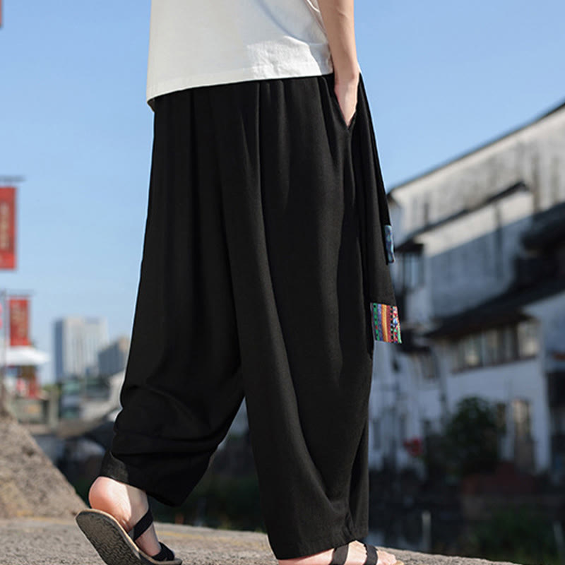Buddha Stones Schlichtes Patchwork-Design, Kordelzug, weiche Baumwolle, Herrenhose mit weitem Bein und Taschen