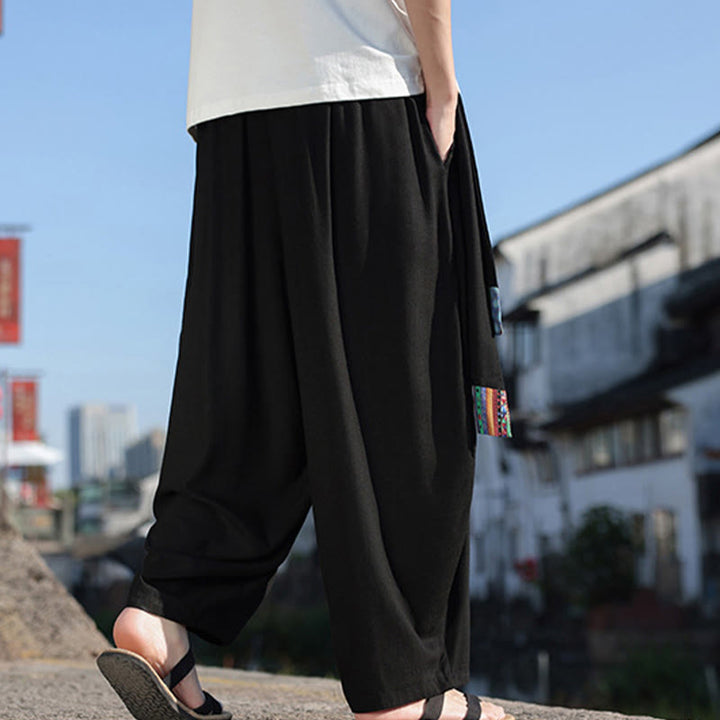Buddha Stones Schlichtes Patchwork-Design, Kordelzug, weiche Baumwolle, Herrenhose mit weitem Bein und Taschen
