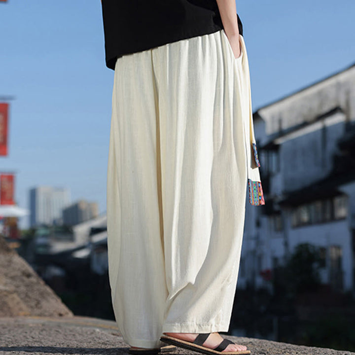 Buddha Stones Schlichtes Patchwork-Design, Kordelzug, weiche Baumwolle, Herrenhose mit weitem Bein und Taschen