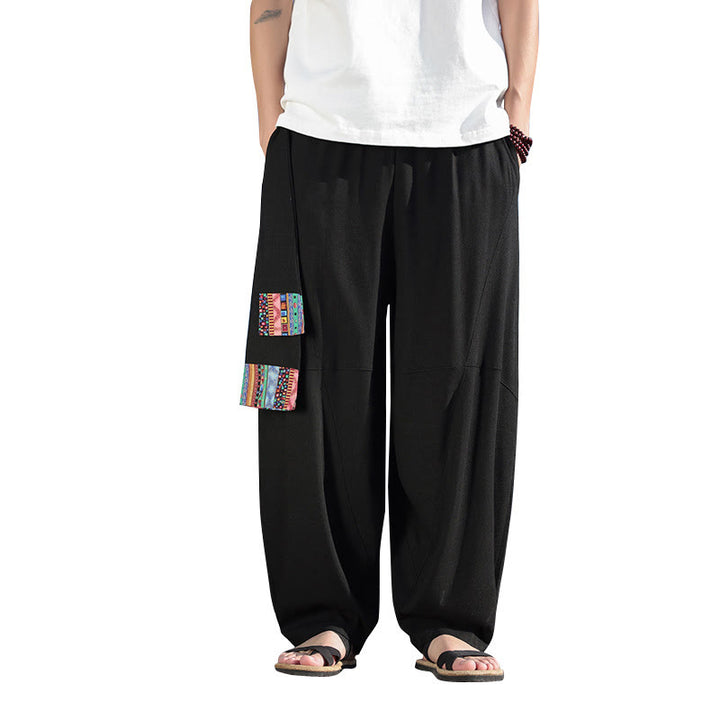 Buddha Stones Schlichtes Patchwork-Design, Kordelzug, weiche Baumwolle, Herrenhose mit weitem Bein und Taschen