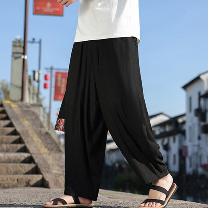 Buddha Stones Schlichtes Patchwork-Design, Kordelzug, weiche Baumwolle, Herrenhose mit weitem Bein und Taschen