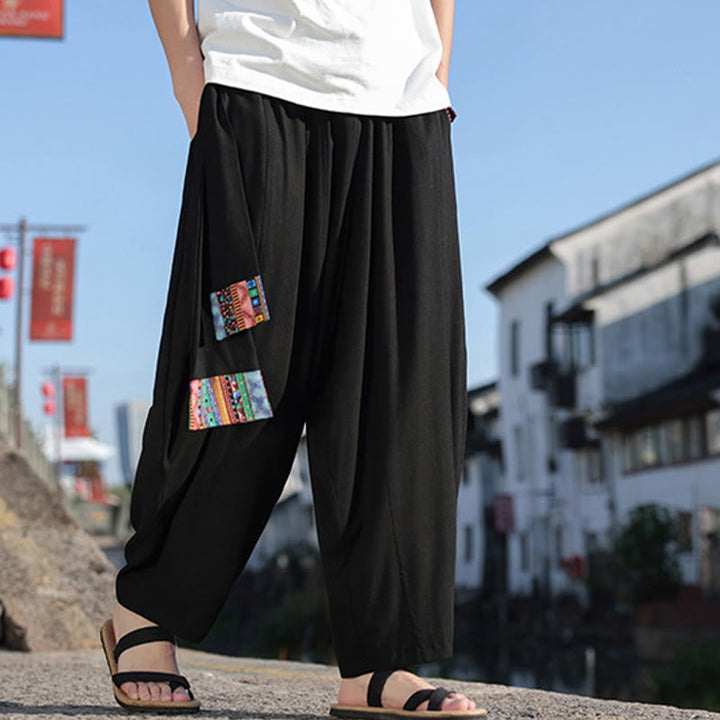 Buddha Stones Schlichtes Patchwork-Design, Kordelzug, weiche Baumwolle, Herrenhose mit weitem Bein und Taschen