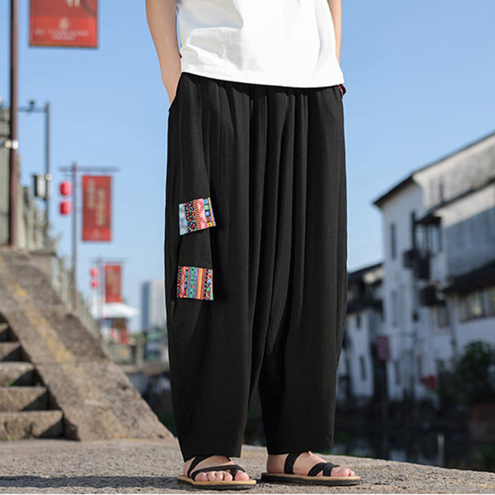 Buddha Stones Schlichtes Patchwork-Design, Kordelzug, weiche Baumwolle, Herrenhose mit weitem Bein und Taschen