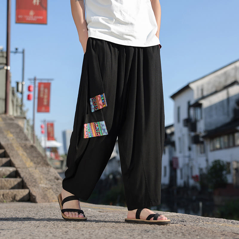 Buddha Stones Schlichtes Patchwork-Design, Kordelzug, weiche Baumwolle, Herrenhose mit weitem Bein und Taschen