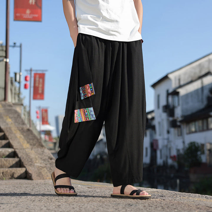 Buddha Stones Schlichtes Patchwork-Design, Kordelzug, weiche Baumwolle, Herrenhose mit weitem Bein und Taschen