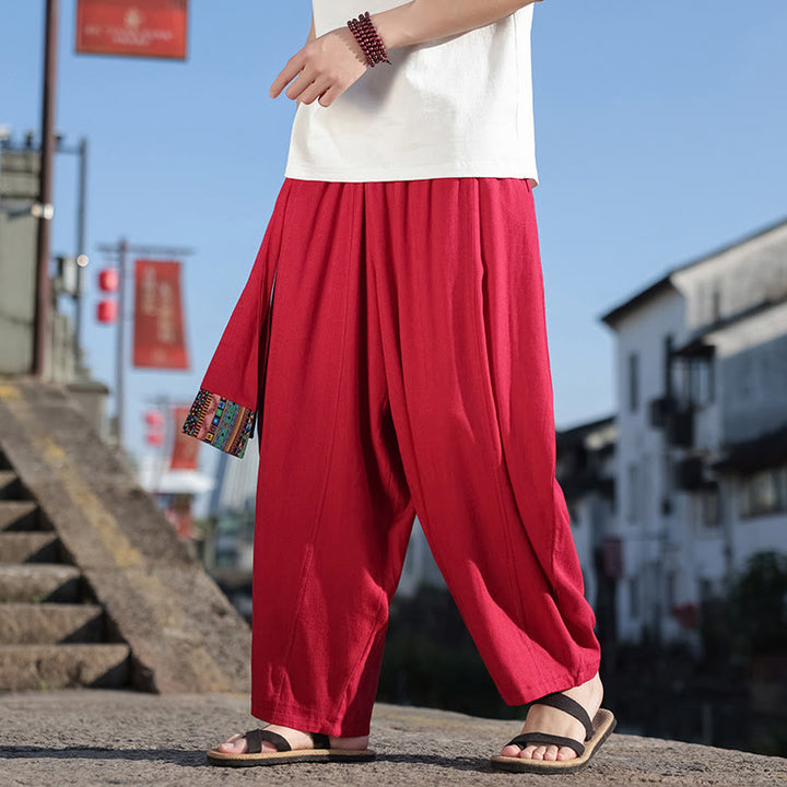 Buddha Stones Schlichtes Patchwork-Design, Kordelzug, weiche Baumwolle, Herrenhose mit weitem Bein und Taschen