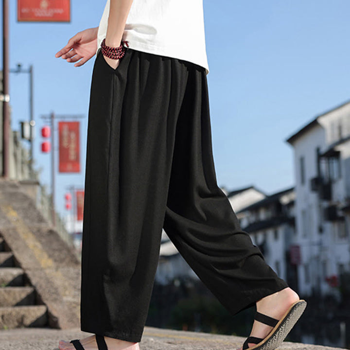 Buddha Stones Schlichtes Patchwork-Design, Kordelzug, weiche Baumwolle, Herrenhose mit weitem Bein und Taschen